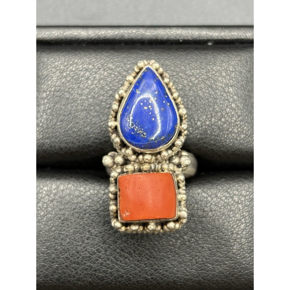 Vintage Sterling Silver Genuine Coral Lapis Ring 15 Grams Size 6.5 E4